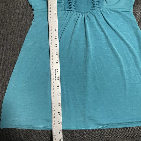 Three Pink Hearts Turquoise Babydoll Blouse Ruched Pleated V-Neck Women's Medium - Picture 8 of 8